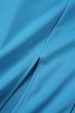 Sky Blue Casual Work Elegant Solid Patchwork Flounce Slit Square Collar Wrapped Skirt Dresses