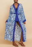 Blue Casual Print Patchwork Cardigan Swimwears Cover Up