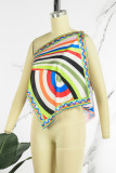 Colour Sexy Casual Print Backless Asymmetrical Oblique Collar Tops
