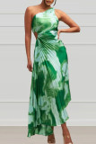 Green Sexy Elegant Print Patchwork Fold Asymmetrical Oblique Collar Irregular Dress Dresses