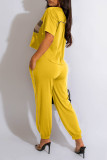 Yellow Casual Letter Print Patchwork O Neck Short Sleeve Two Pieces