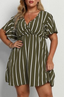 Army Green Casual Striped Print Patchwork V Neck Short Sleeve Dress Plus Size Dresses