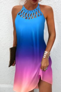 Blue Pink Casual Print Hollowed Out O Neck Sleeveless Dress Dresses