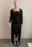 Black Casual Solid Basic Long Sleeve Two Pieces