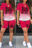 Rose Red Casual Gradual Change Letter Print Basic O Neck Short Sleeve Two Pieces