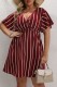 Burgundy Casual Striped Print Patchwork V Neck Short Sleeve Dress Plus Size Dresses