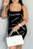 Black Sexy Print Letter Spaghetti Strap A Line Dresses