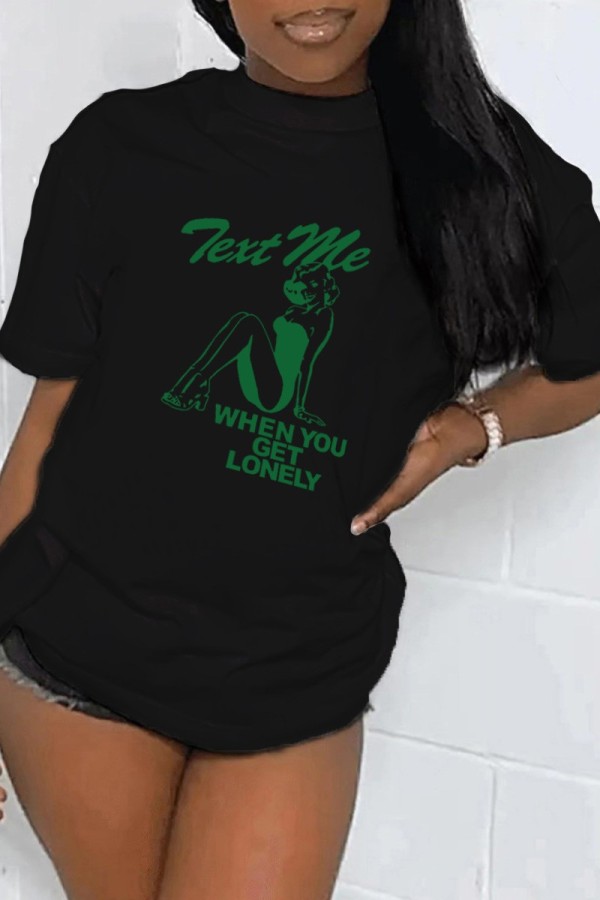 Black Casual Print Basic O Neck T-Shirts