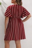 Pink Casual Striped Print Patchwork V Neck Short Sleeve Dress Plus Size Dresses