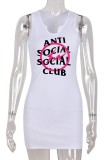 White Casual Letter Print Basic U Neck Vest Dress Dresses
