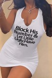 White Casual Letter Print Basic U Neck Vest Dress Dresses