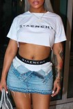 White Street Print Letter O Neck Short Sleeve Two Pieces