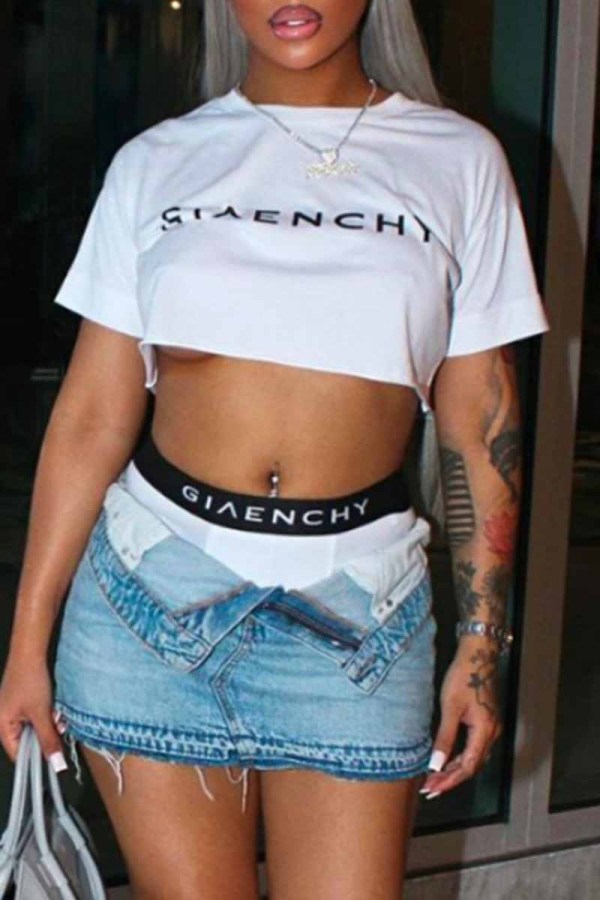 White Street Print Letter O Neck Short Sleeve Two Pieces