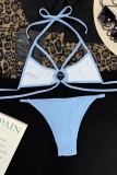 Blue Sexy Solid Hollowed Out Frenulum Backless Swimwears (Without Paddings)