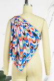 Colour Sexy Casual Print Backless Asymmetrical Oblique Collar Tops