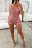 Pink Sexy Solid Bandage Backless Hooded Collar Sleeveless Two Pieces