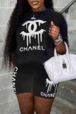 Black Street Print Letter O Neck Short Sleeve Two Pieces