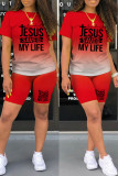 Rose Red Casual Gradual Change Letter Print Basic O Neck Short Sleeve Two Pieces