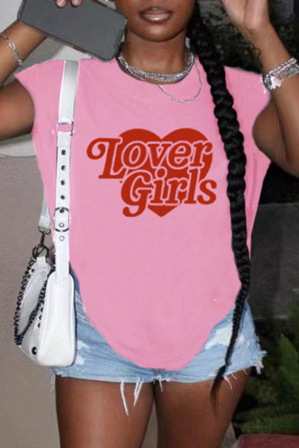 Pink Casual Print Basic O Neck T-Shirts