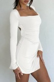Pink Casual Solid Frenulum Slit Square Collar Long Sleeve Dresses