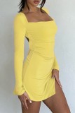 Pink Casual Solid Frenulum Slit Square Collar Long Sleeve Dresses