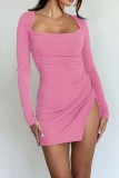 Pink Casual Solid Frenulum Slit Square Collar Long Sleeve Dresses