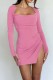 Pink Casual Solid Frenulum Slit Square Collar Long Sleeve Dresses