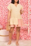 Apricot Casual Patchwork Contrast V Neck Short Sleeve Dress