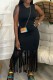 Black Casual Solid Tassel O Neck Sleeveless Dress Dresses