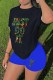 Blue Black Casual Print Letter O Neck Short Sleeve Two Pieces