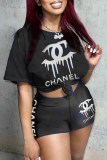 Black Street Print Letter O Neck Short Sleeve Two Pieces