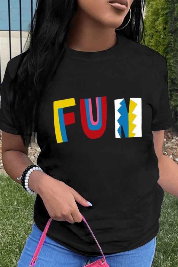 Black Casual Letter Print Basic O Neck T-Shirts