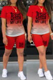 Rose Red Casual Gradual Change Letter Print Basic O Neck Short Sleeve Two Pieces