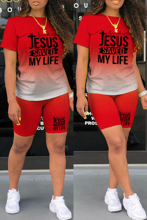 Red Casual Gradual Change Letter Print Basic O Neck Short Sleeve Two Pieces
