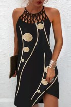 Black Casual Print Hollowed Out O Neck Sleeveless Dress Dresses