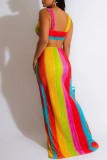 Red Sexy Print Patchwork Backless Slit Spaghetti Strap Sleeveless Two Pieces