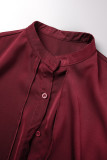 Burgundy Casual Solid Patchwork Shirt Collar Tops