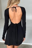 Pink Casual Solid Frenulum Slit Square Collar Long Sleeve Dresses