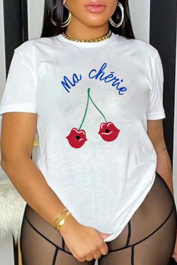 White Casual Print Basic O Neck T-Shirts