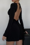 Pink Casual Solid Frenulum Slit Square Collar Long Sleeve Dresses