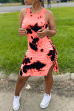 Watermelon Red Casual Print Tie Dye Frenulum O Neck Sleeveless Dress Dresses