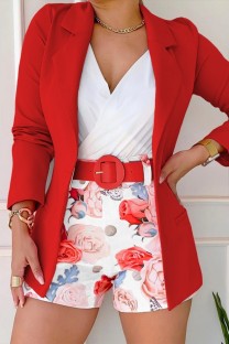 Red Casual Print With Belt Turn-back Collar Long Sleeve Two Pieces