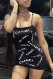 Black Sexy Print Letter Spaghetti Strap A Line Dresses