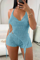 Sky Blue Sexy Solid Bandage Backless Hooded Collar Sleeveless Two Pieces