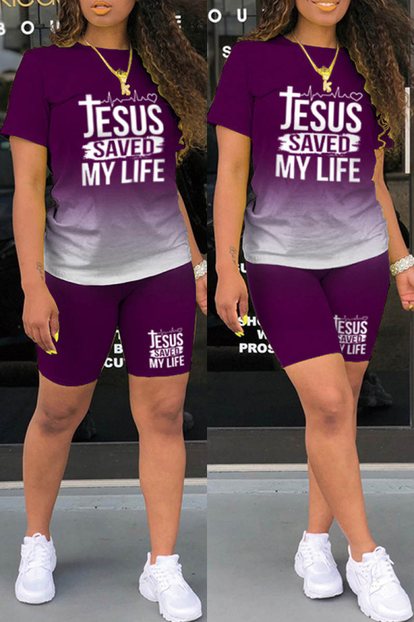Purple Casual Gradual Change Letter Print Basic O Neck Short Sleeve Two Pieces