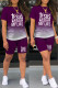 Purple Casual Gradual Change Letter Print Basic O Neck Short Sleeve Two Pieces