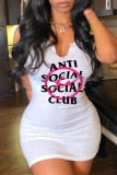White Casual Letter Print Basic U Neck Vest Dress Dresses