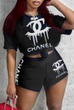 Black Street Print Letter O Neck Short Sleeve Two Pieces