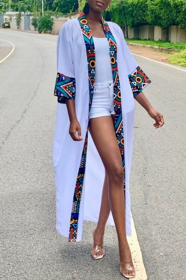 White Casual Print Patchwork Cardigan Outerwear