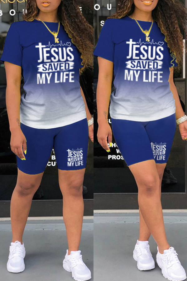 Blue Casual Gradual Change Letter Print Basic O Neck Short Sleeve Two Pieces